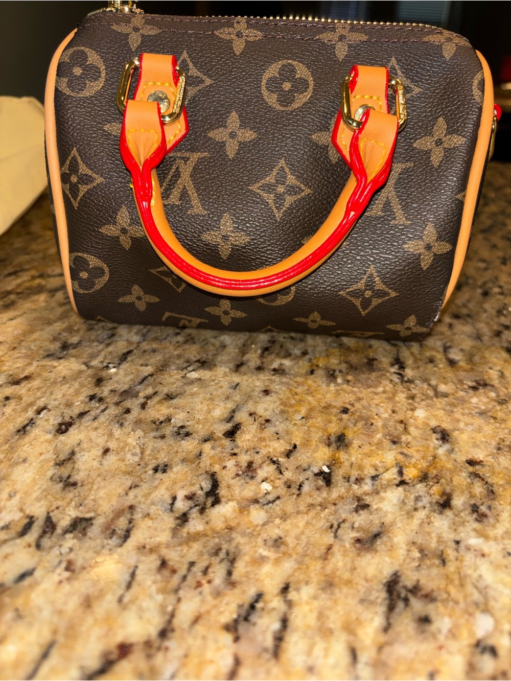 Brown Monogram Satchel with Red-Orange Handles - Picture 9 of 9
